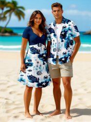 Tenue de plage hawaïenne assortie grande taille à imprimé tortue, crabe, poisson et créature marine pour couples - Bleu profond 