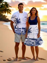 Hand-painted Coconut Tree Sea Beach Seascape Cloud Print Plus Size Matching Hawaii Beach Outfit For Couples -  