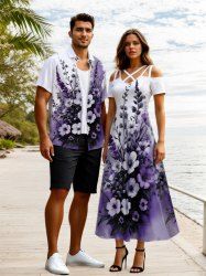 Tenue de plage hawaïenne assortie grande taille à imprimé floral et feuilles ombré, idéale pour les couples - Violet clair 