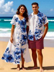 Flowers Leaf Print Plus Size Matching Hawaii Beach Outfit For Couples -  