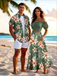 Tenue de plage hawaïenne assortie grande taille à imprimé feuilles tropicales et fleurs pour couples - Vert 