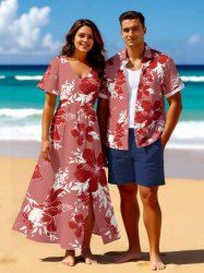 Tenue de plage hawaïenne assortie grande taille à imprimé fleur d'hibiscus et branches pour couples - Rouge 