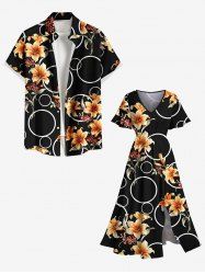 Tenue de plage hawaïenne assortie grande taille à imprimé bulles de fleurs de lys pour couples - Noir 