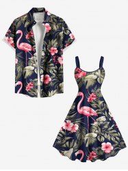 Tropical Leaf Hibiscus Flower Flamingo Print Plus Size Matching Hawaii Beach Outfit For Couples -  