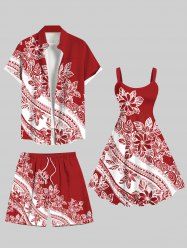 Tenue de plage hawaïenne assortie grande taille à imprimé ethnique, motif feuilles tropicales et fleurs d'hibiscus, pour couples - Rouge 