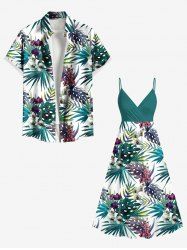 Tenue de plage hawaïenne assortie grande taille à imprimé feuilles tropicales et fleurs pour couples - Vert 