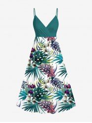 Plus Size Tropical Leaf Flower Print Hawaii Surplice A Line Cami Dress -  