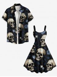 Halloween Skulls Rose Flowers Print Plus Size Matching Beach Outfit For Couples -  