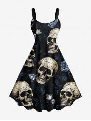 Plus Size Halloween Skulls Rose Flowers Print Tank Dress -  
