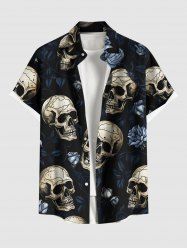 Plus Size Halloween Skulls Rose Flowers Print Buttons Pocket Shirt For Men -  