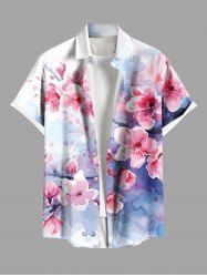 Plus Size Watercolor Peach Blossom Flowers Print Buttons Pocket Hawaii Shirt For Men -  