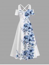 Plus Size Flowers Leaf Print Cold Shoulder Crisscross Hawaii Maxi Dress -  