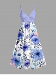 Plus Size Flowers Leaf Print Surplice Hawaii Cami Dress -  