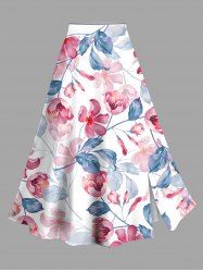 Plus Size Flowers Tropical Leaf Print Split Hawaii Skirt -  
