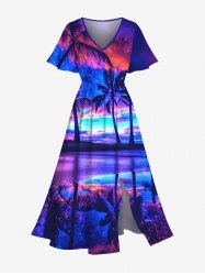 Robe mi-longue hawaïenne fendue grande taille à imprimé cocotiers, nuages colorés et paysage marin - Bleu XXS