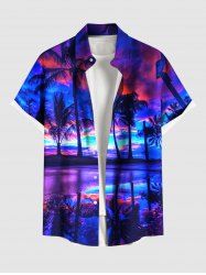 Plus Size Coconut Tree Colorful Cloud Seascape Print Buttons Pocket Hawaii Shirt For Men -  