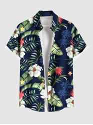 Plus Size Coconut Tree Tropical Leaf Hibiscus Flower Print Hawaii Button Pocket Shirt For Men -  