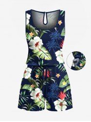 Plus Size Coconut Tree Tropical Leaf Hibiscus Flower Printe Hawaii Drawstring Pocket Romper -  
