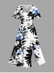 Plus Size Tropical Leaf Flower Print Hawaii Split Pocket A Line Midi Dress -  