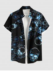 Plus Size Skull Leaf Flower Print Halloween Button Pocket Shirt For Men -  