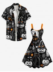 Costume d'Halloween citrouille magicien chat toile d'araignée chauve-souris château imprimé grande taille tenue assortie pour couples - Noir 