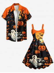 Halloween Costume Pumpkin Ghost Tree Castle Bat Moon Print Plus Size Matching Outfit For Couples -  