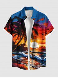 Plus Size Coconut Tree Sunset Sea Waves Print Hawaii Button Pocket Shirt For Men -  