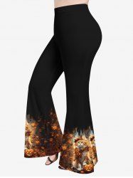 Pantalon évasé grande taille à imprimé citrouille, lanterne, chat et fleurs pour Halloween - Noir L
