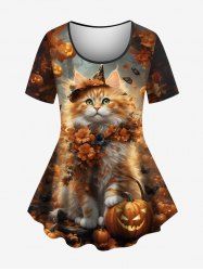 T-shirt grande taille imprimé citrouille, lanterne, chat et fleur pour femme, pour Halloween - Noir XS