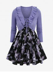 Flower Printed Camisole and Ruffles Ribbed Long Sleeve Cropped Top Set -  