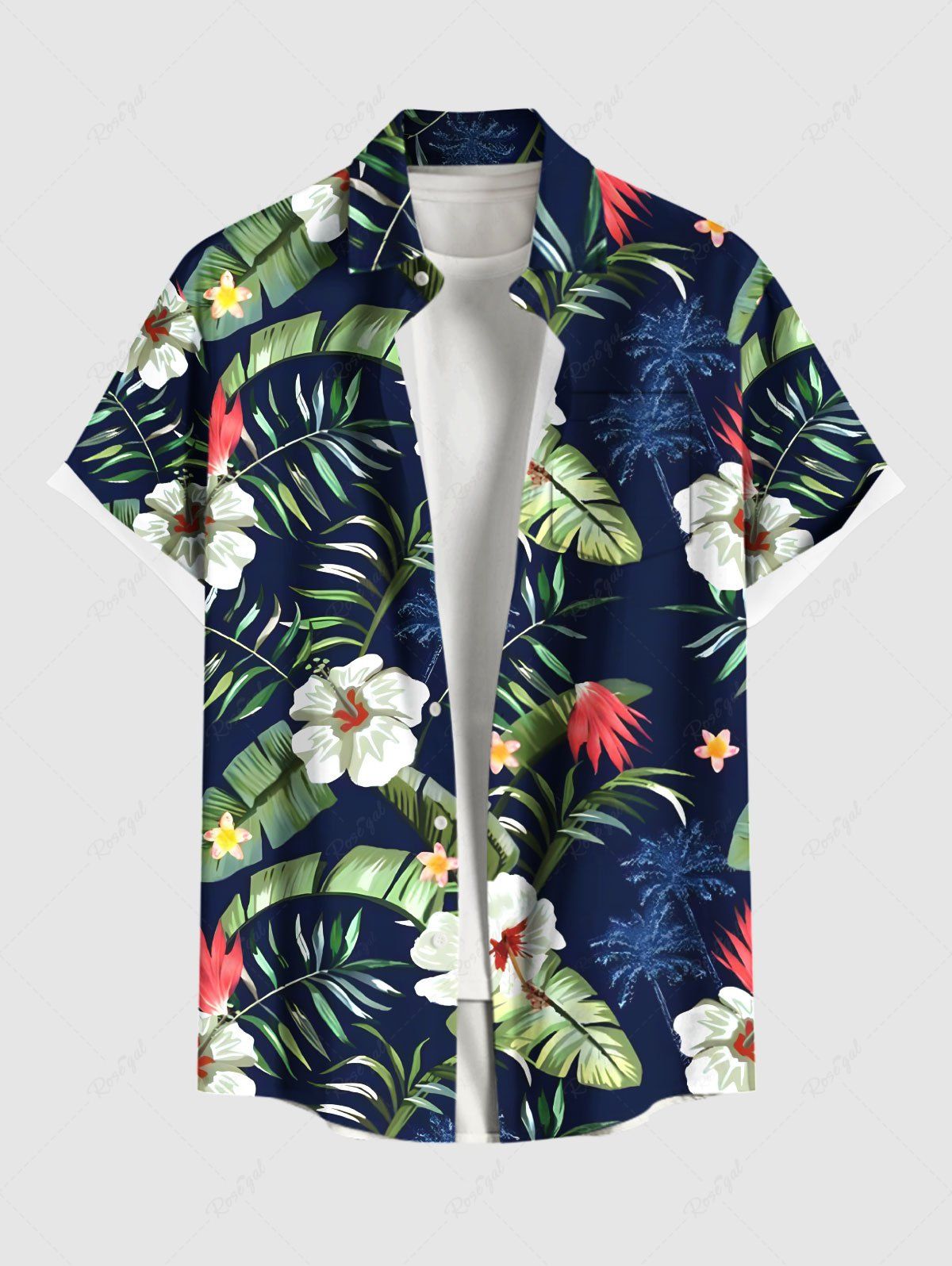 Shops Plus Size Coconut Tree Tropical Leaf Hibiscus Flower Print Hawaii Button Pocket Shirt For Men  
