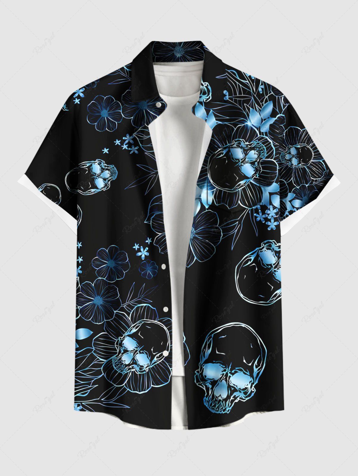 Best Plus Size Skull Leaf Flower Print Halloween Button Pocket Shirt For Men  