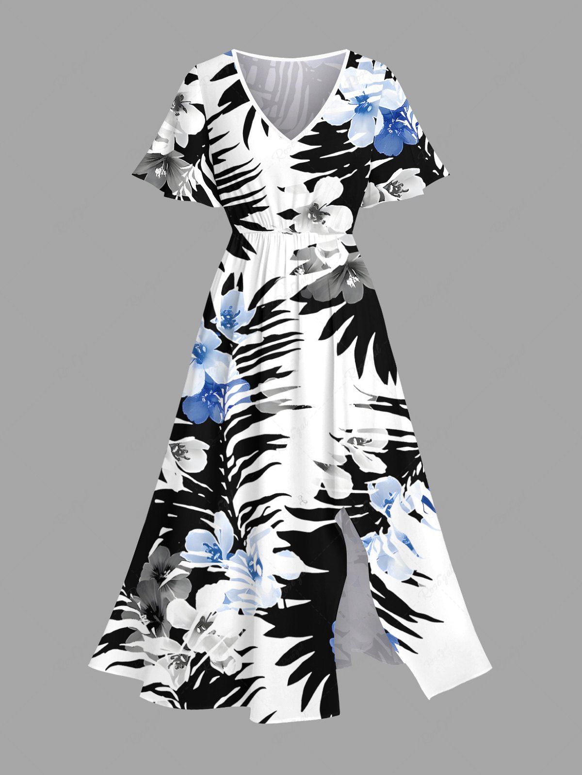 Robe mi-longue hawaïenne grande taille à imprimé feuilles tropicales et fleurs Noir XXS