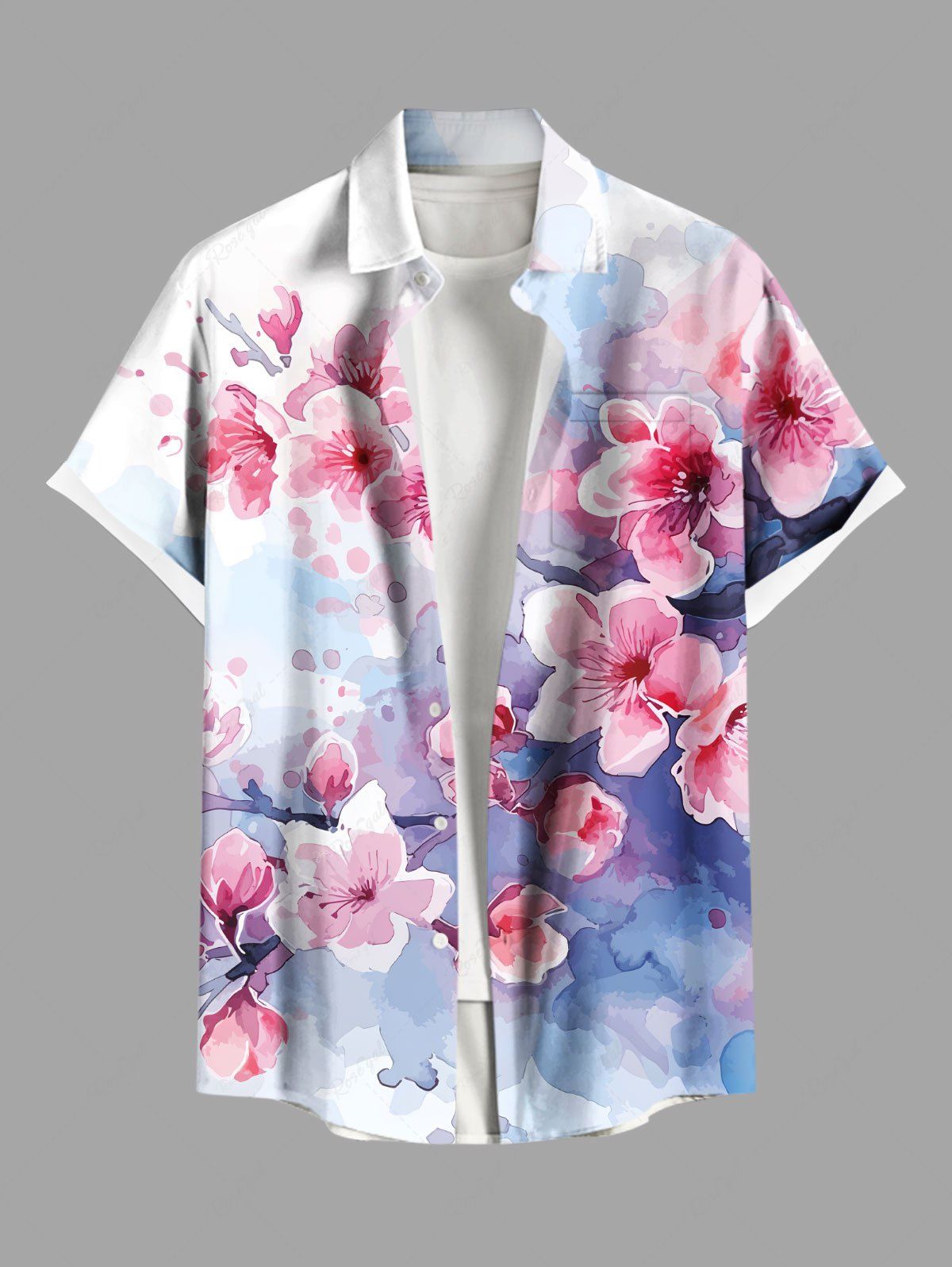 Online Plus Size Watercolor Peach Blossom Flowers Print Buttons Pocket Hawaii Shirt For Men  
