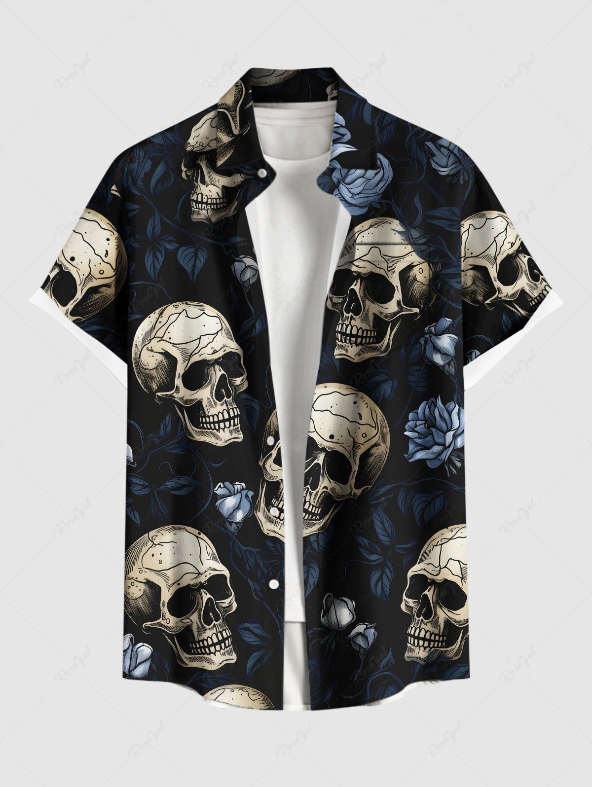 Chemise grande taille à boutons et poches pour homme, motif tête de mort, roses et fleurs, pour Halloween Noir 4XL