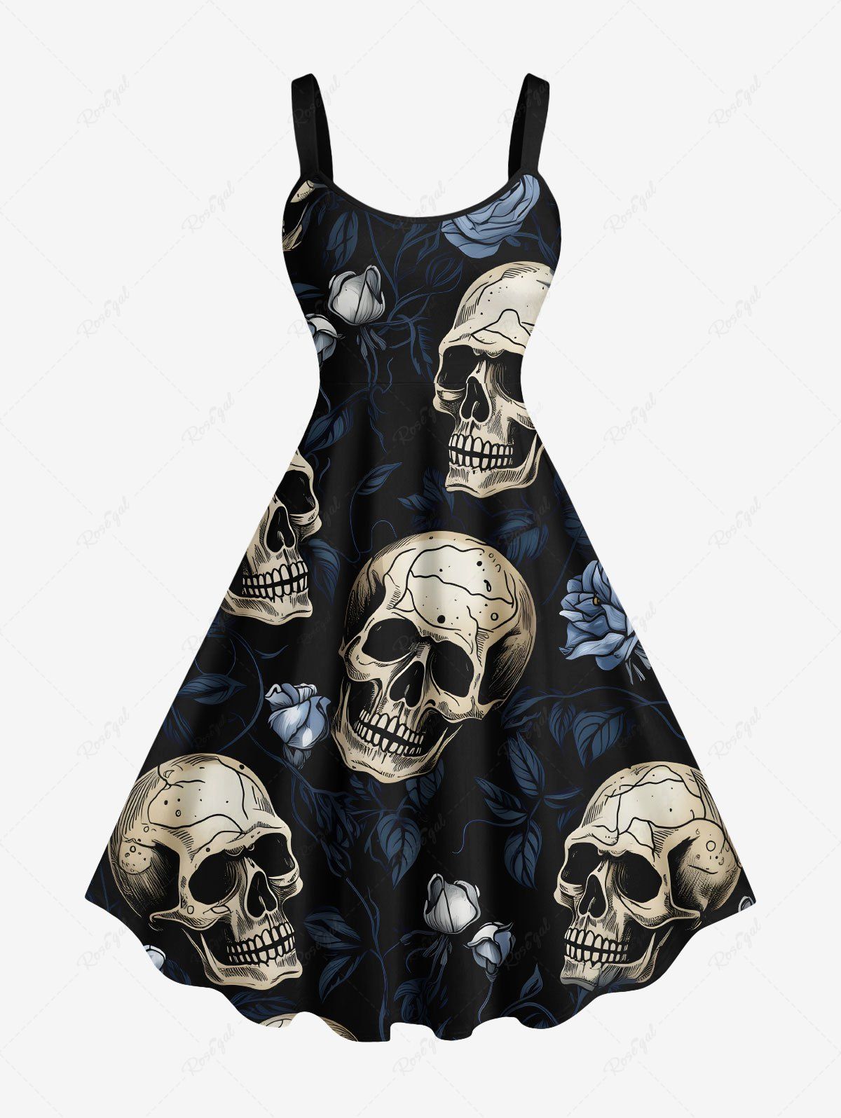 Shop Plus Size Halloween Skulls Rose Flowers Print Tank Dress  