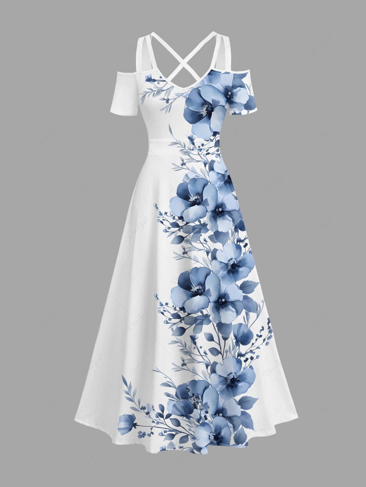 Robe longue hawaïenne grande taille à imprimé fleurs et feuilles, épaules dénudées et croisée Blanc XXS