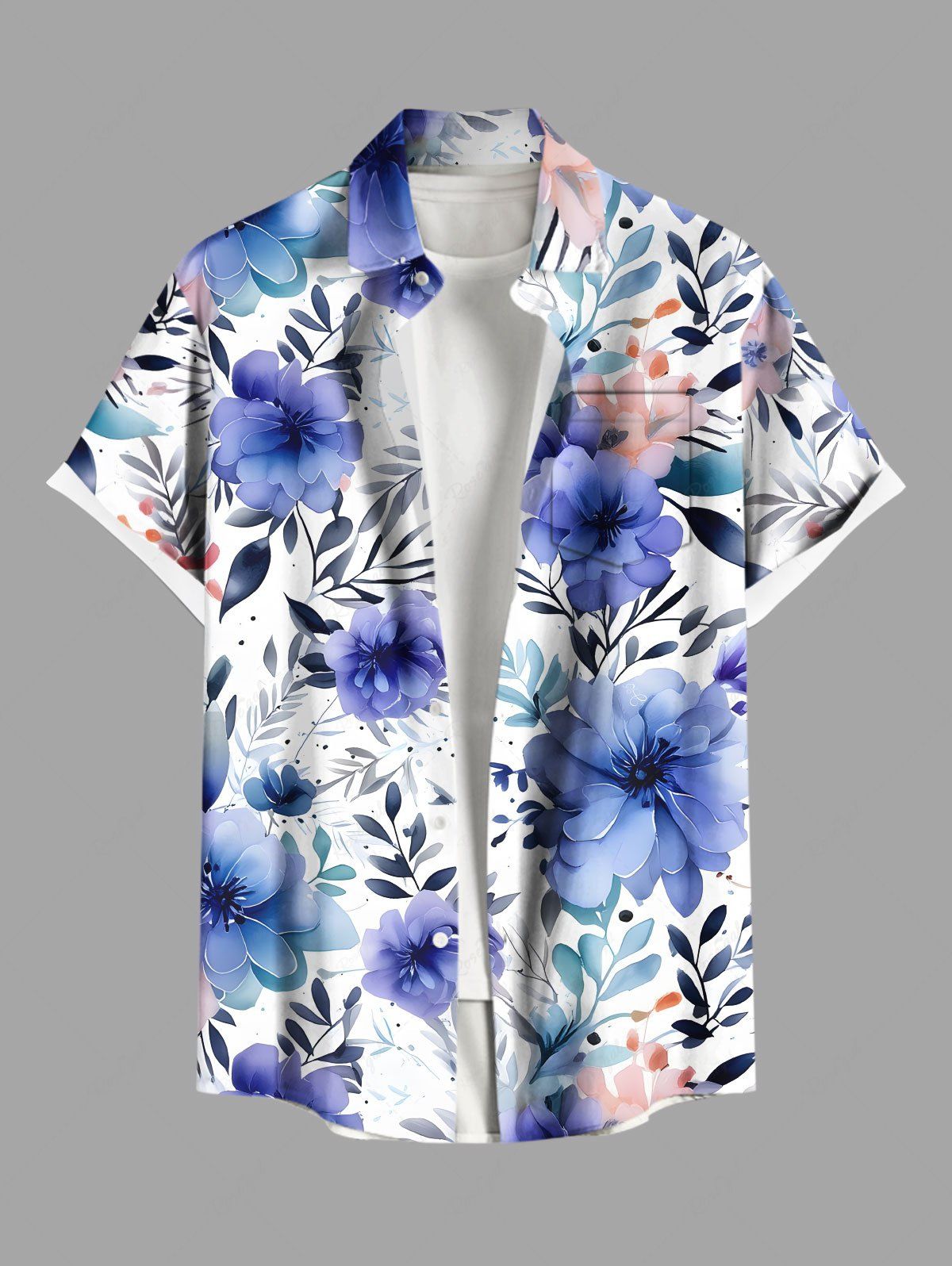 Affordable Plus Size Flowers Leaf Print Buttons Pocket Hawaii Shirt For Men  
