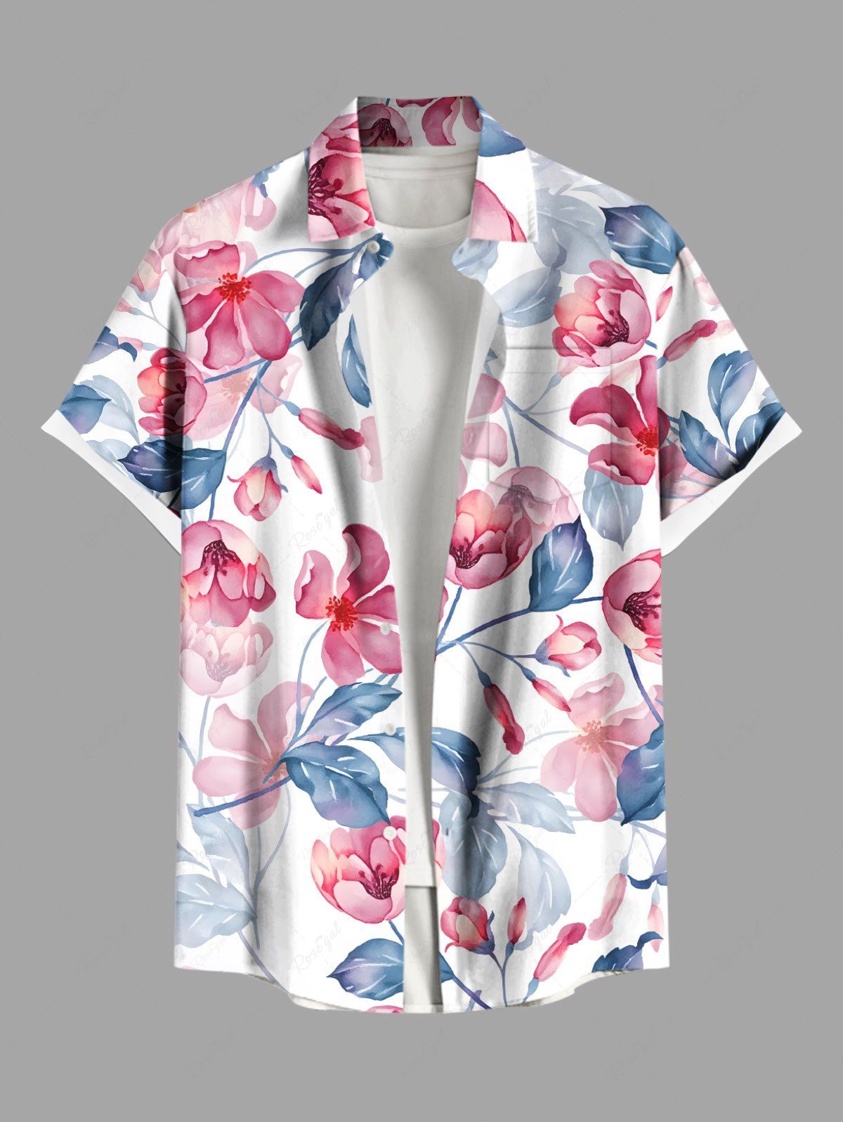 Chemise hawaïenne grande taille à imprimé tropical, fleurs et feuilles, avec poches et boutons, pour homme Rose clair 2XL