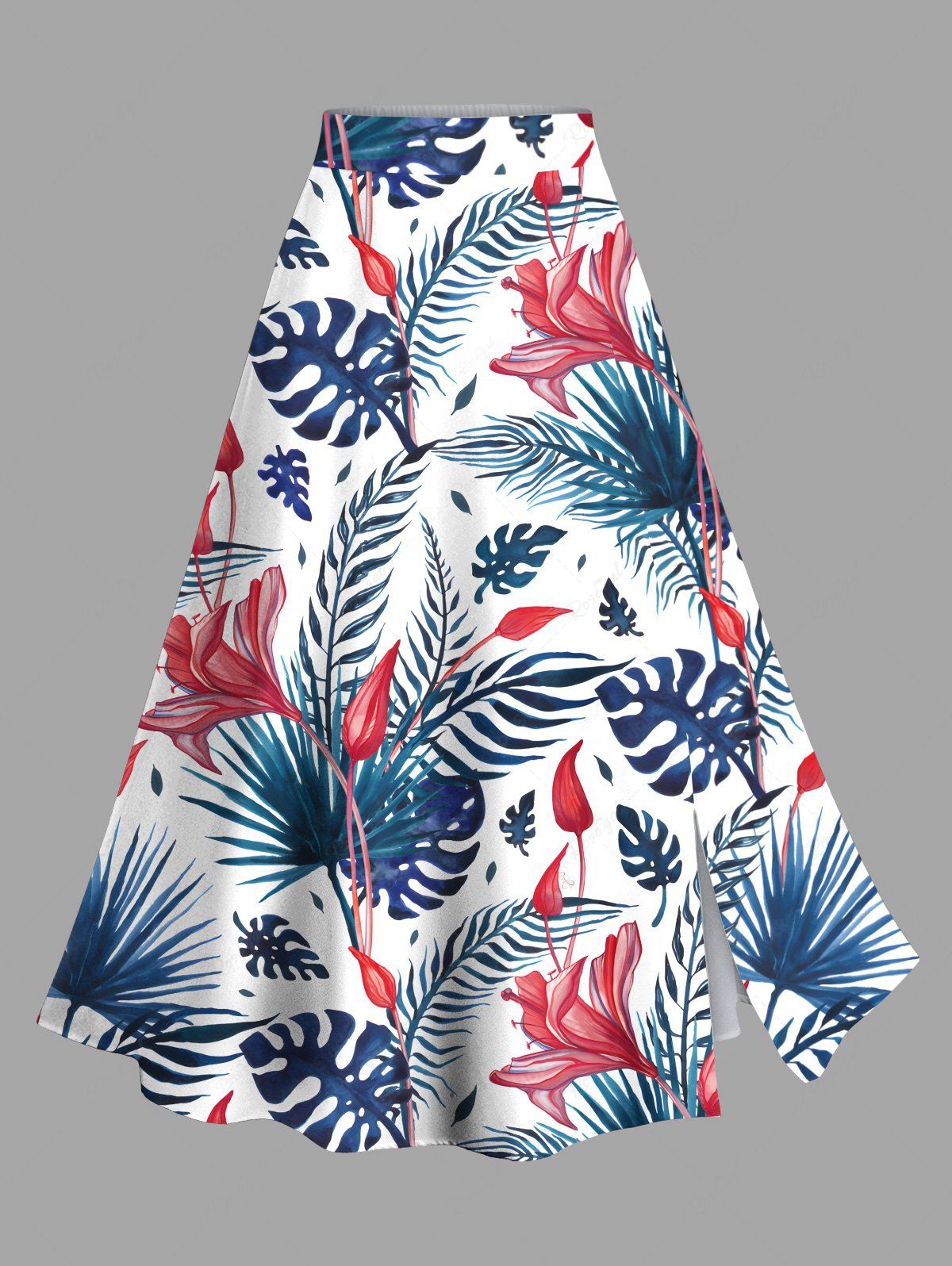 Jupe hawaïenne fendue à imprimé feuilles tropicales et fleurs grande taille Bleu 1X