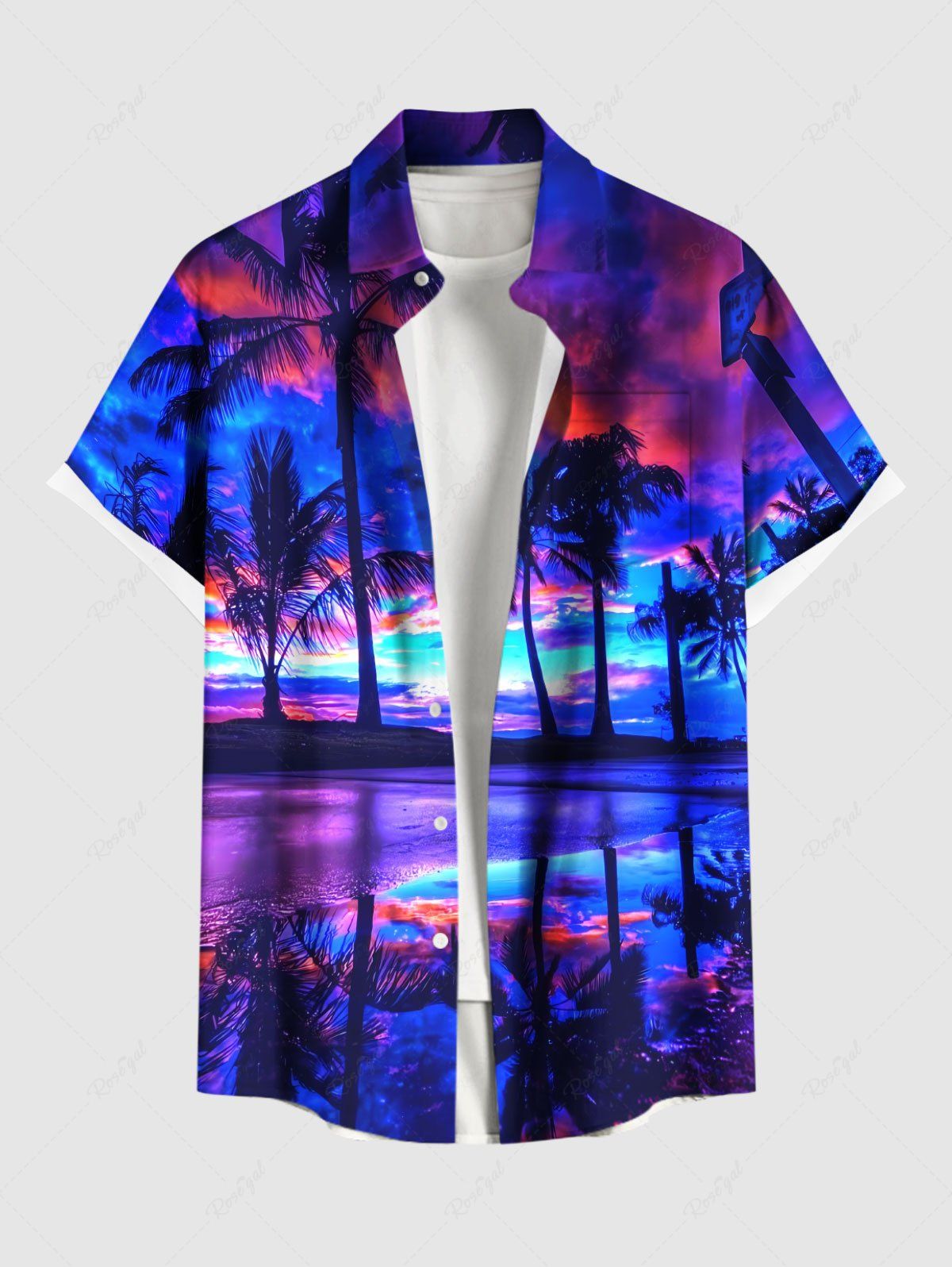Fancy Plus Size Coconut Tree Colorful Cloud Seascape Print Buttons Pocket Hawaii Shirt For Men  