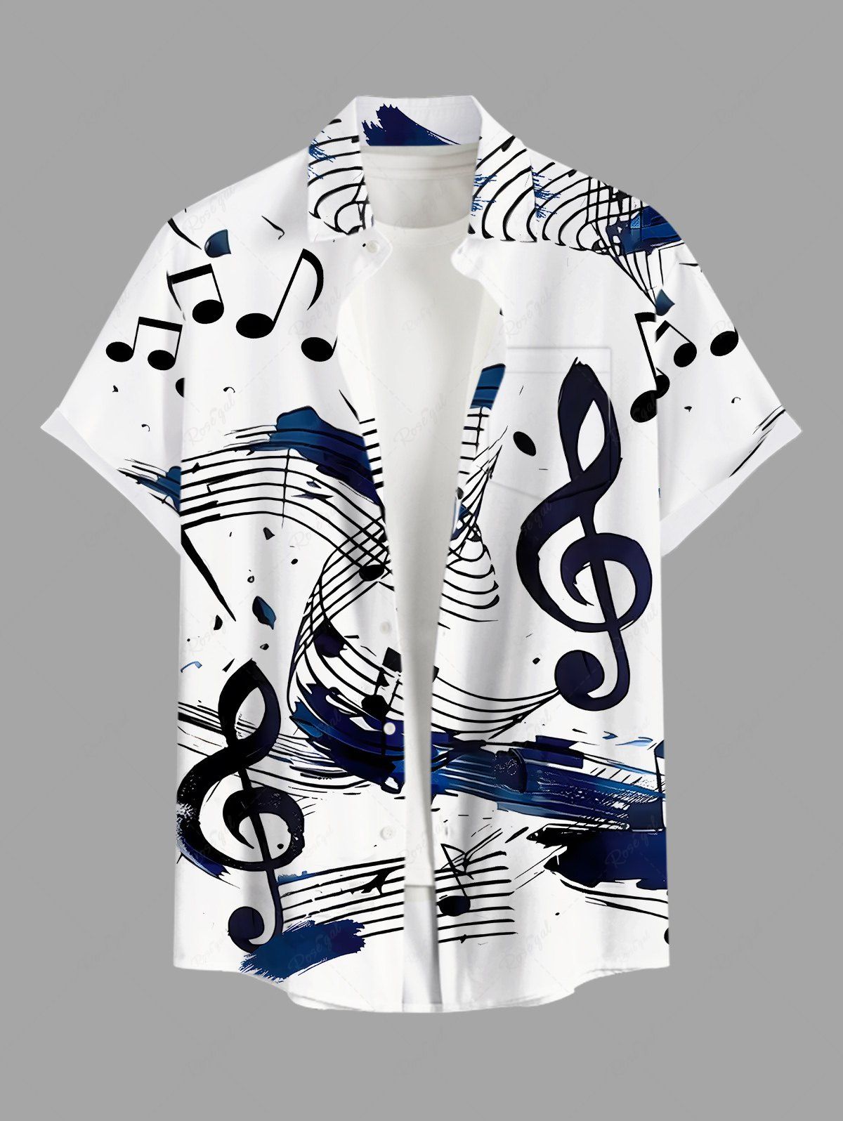 Chemise hawaïenne grande taille à boutons et poches, imprimé notation musicale, pour homme Blanc 5XL