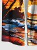 Plus Size Coconut Tree Sunset Sea Waves Print Hawaii Button Pocket Shirt For Men -  