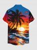 Plus Size Coconut Tree Sunset Sea Waves Print Hawaii Button Pocket Shirt For Men -  