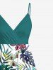 Plus Size Tropical Leaf Flower Print Hawaii Surplice A Line Cami Dress -  