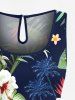 Plus Size Coconut Tree Tropical Leaf Hibiscus Flower Printe Hawaii Drawstring Pocket Romper -  