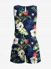 Plus Size Coconut Tree Tropical Leaf Hibiscus Flower Printe Hawaii Drawstring Pocket Romper -  