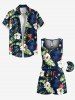 Plus Size Coconut Tree Tropical Leaf Hibiscus Flower Printe Hawaii Drawstring Pocket Romper -  