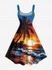 Robe trapèze hawaïenne grande taille à imprimé cocotiers, coucher de soleil et vagues - Bleu 1X