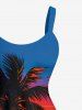 Robe trapèze hawaïenne grande taille à imprimé cocotiers, coucher de soleil et vagues - Bleu 1X
